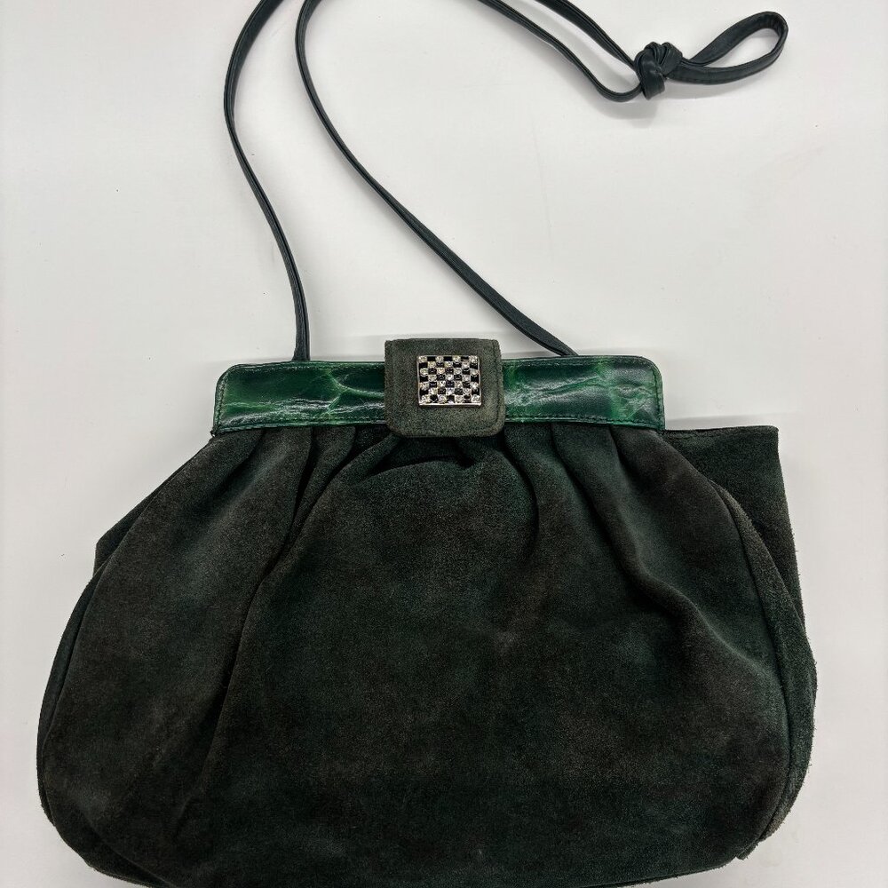 Vintage Italian Suede Handbag – Emerald Green Accents & Checkered Clasp